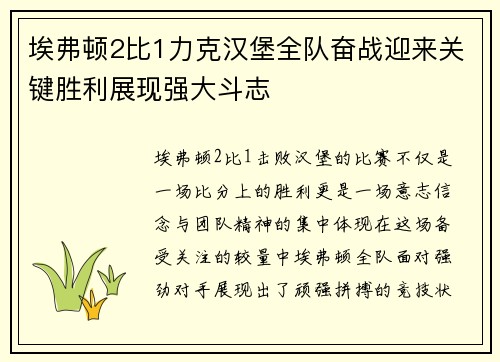 埃弗顿2比1力克汉堡全队奋战迎来关键胜利展现强大斗志